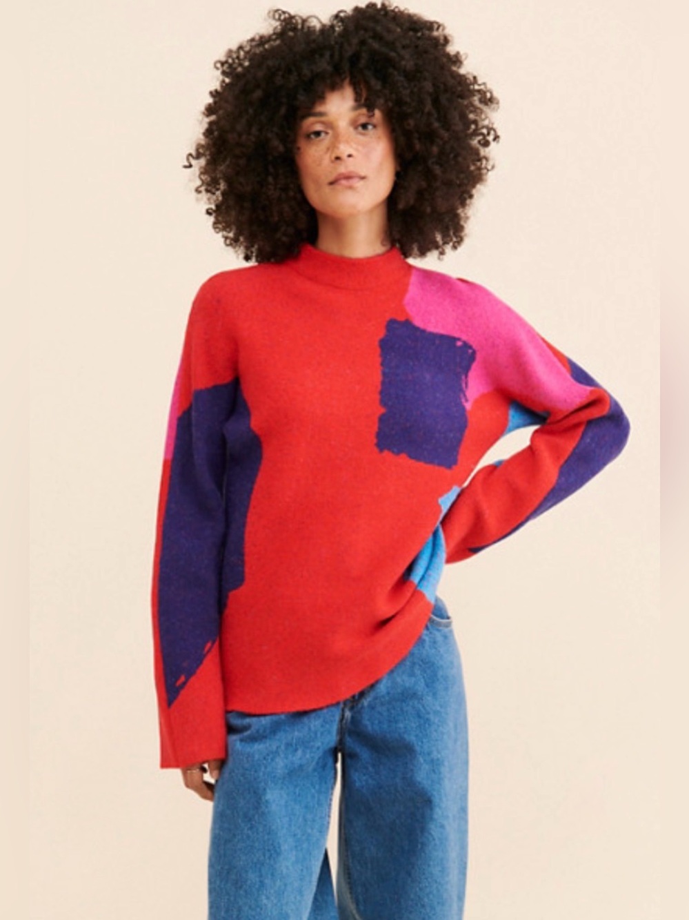 SAEMDI Free People Abstract Geo Pullover Oversized Small Colorblock Chunky Knit